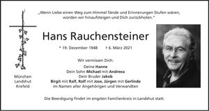 Traueranzeige Hans Rauchensteiner