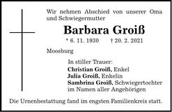 Traueranzeige Barbara Groiß