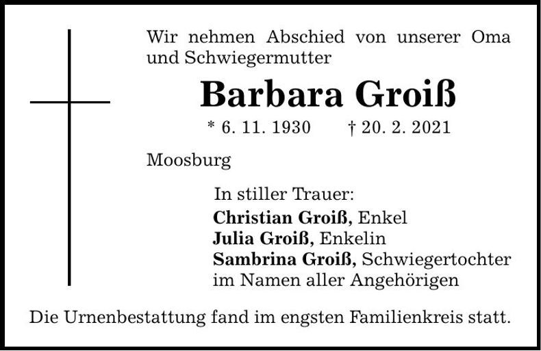 Traueranzeige Barbara Groiß