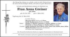 Traueranzeige Anna Greiner