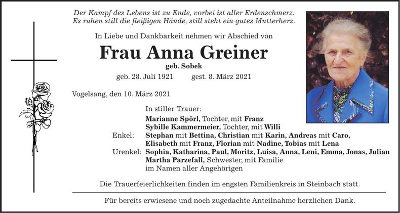 Traueranzeige Anna Greiner