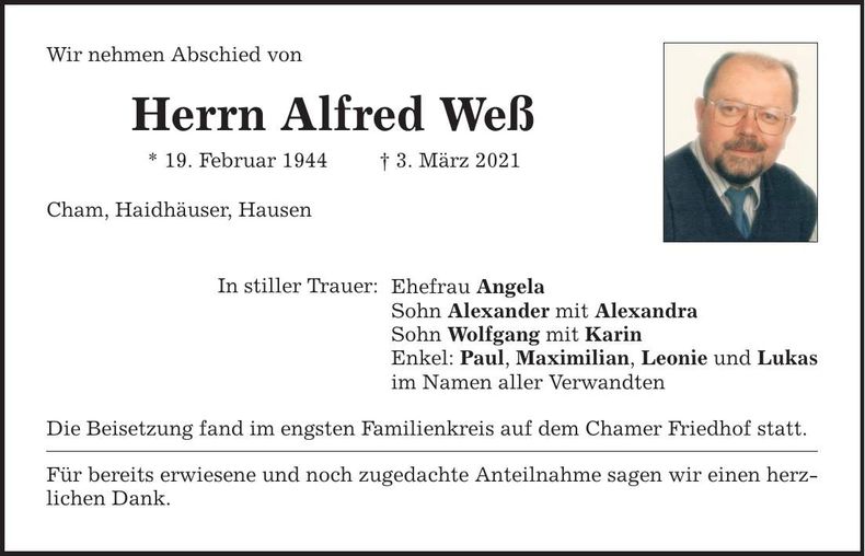 Traueranzeige Alfred Weß