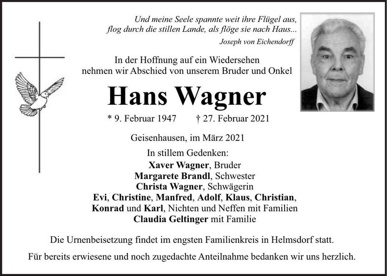 Traueranzeige Hans Wagner