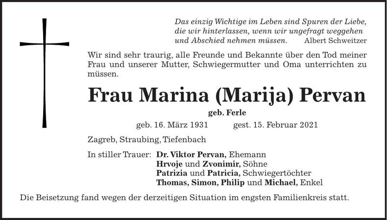 Traueranzeige Marina Pervan
