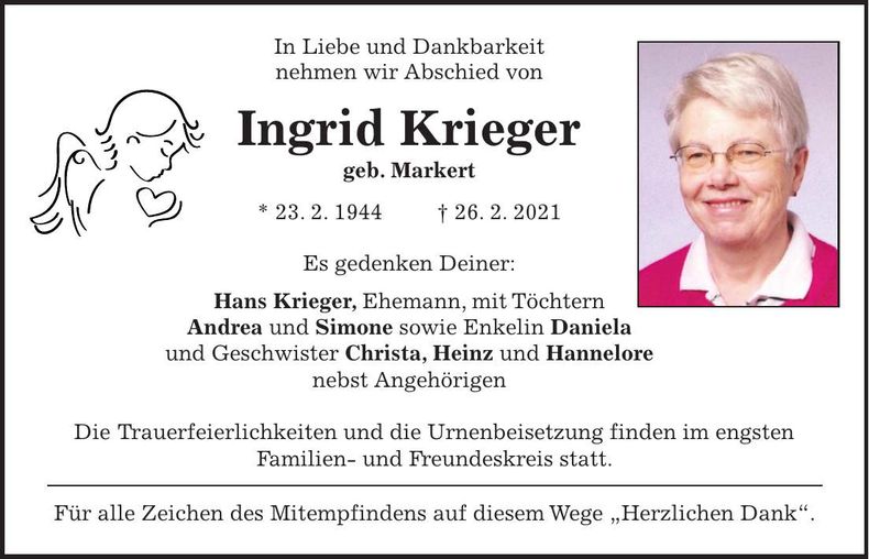 Traueranzeige Ingrid Krieger