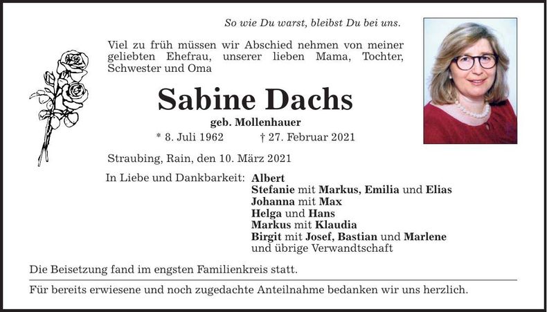Traueranzeige Sabine Dachs