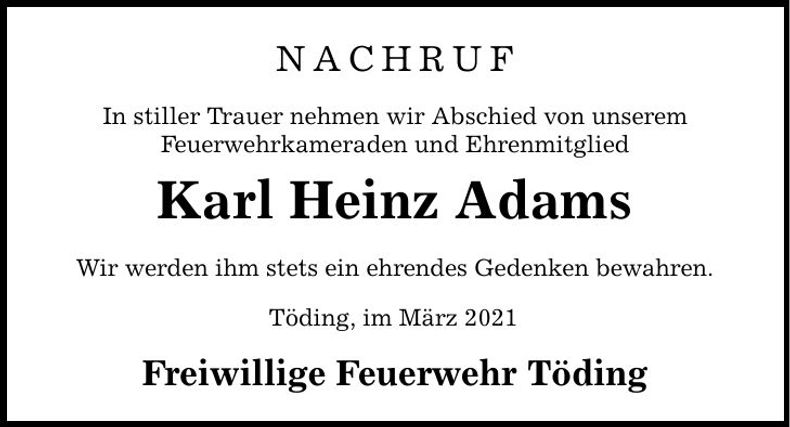 Traueranzeige Karl Heinz Adams