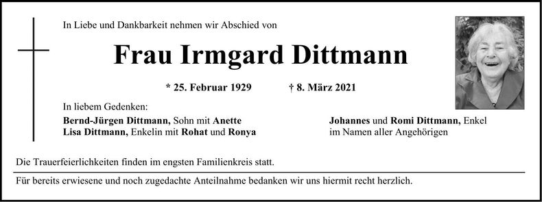 Traueranzeige Irmgard Dittmann