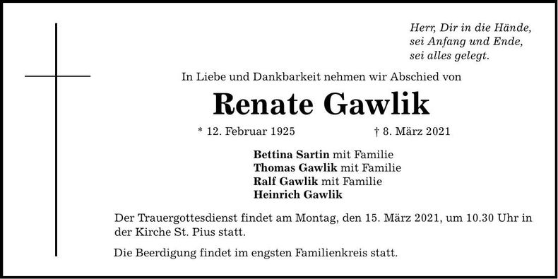 Traueranzeige Renate Gawlik