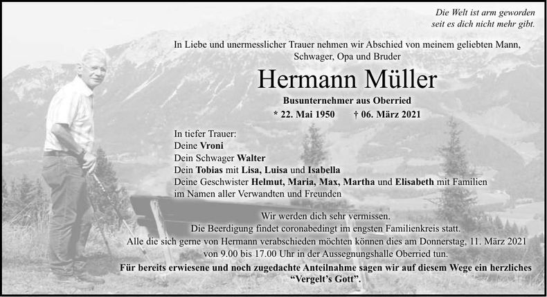 Traueranzeige Müller Hermann