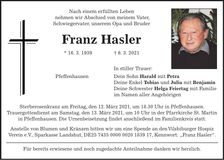 Traueranzeige Franz Hasler