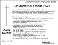 Traueranzeige Alois Decker