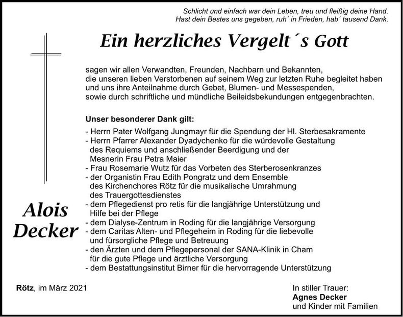 Traueranzeige Alois Decker