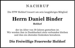 Traueranzeige Daniel Binder