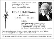 Traueranzeige Erna Uhlemann
