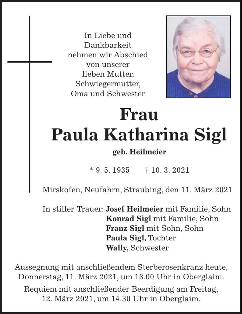 Traueranzeige Paula Katharina Sigl