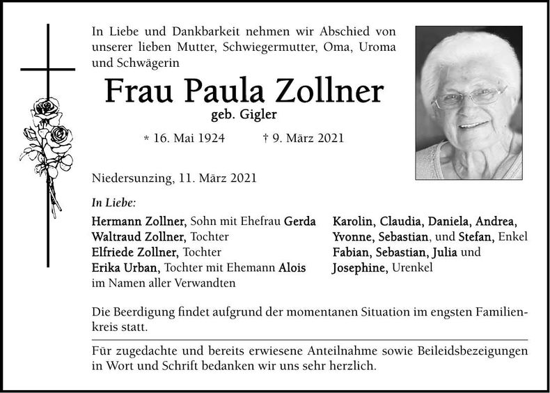 Traueranzeige Paula Zollner