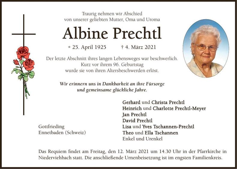 Traueranzeige Albine Prechtl