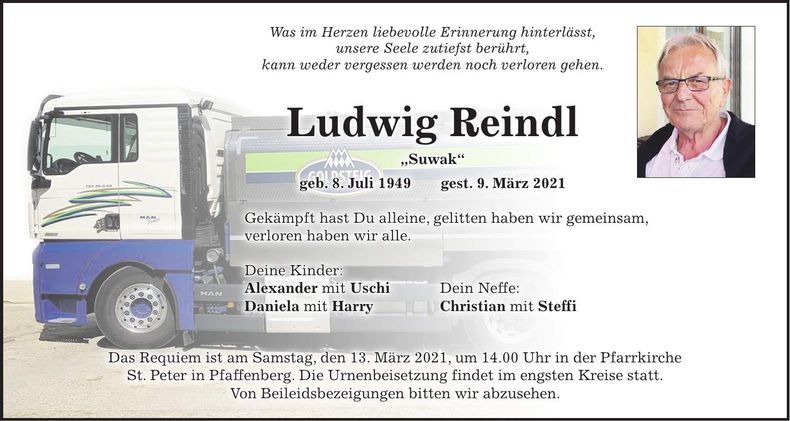 Traueranzeige Ludwig Reindl