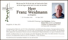 Traueranzeige Franz Weidmann