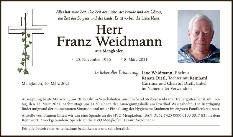 Traueranzeige Franz Weidmann