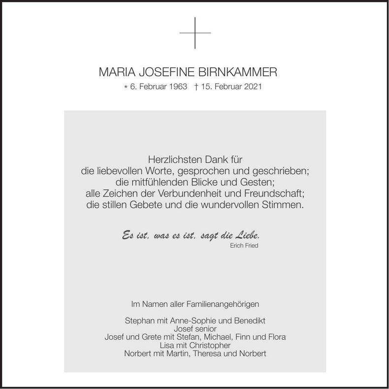 Traueranzeige Maria Josefine Birnkammer