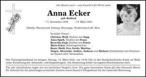 Traueranzeige Anna Ecker