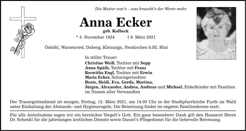 Traueranzeige Anna Ecker
