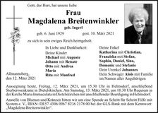 Traueranzeige Magdalena Breitenwinkler