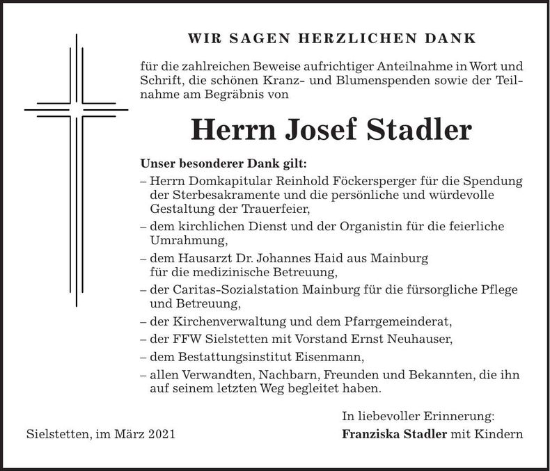 Traueranzeige Josef Stadler