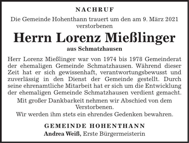 Traueranzeige Lorenz Mießlinger