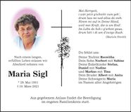 Traueranzeige Maria Sigl