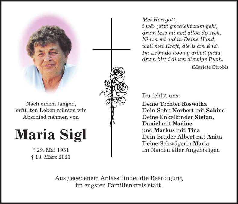 Traueranzeige Maria Sigl