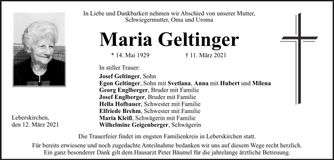 Traueranzeige Maria Geltinger