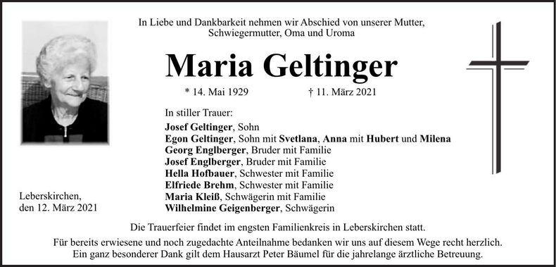 Traueranzeige Maria Geltinger
