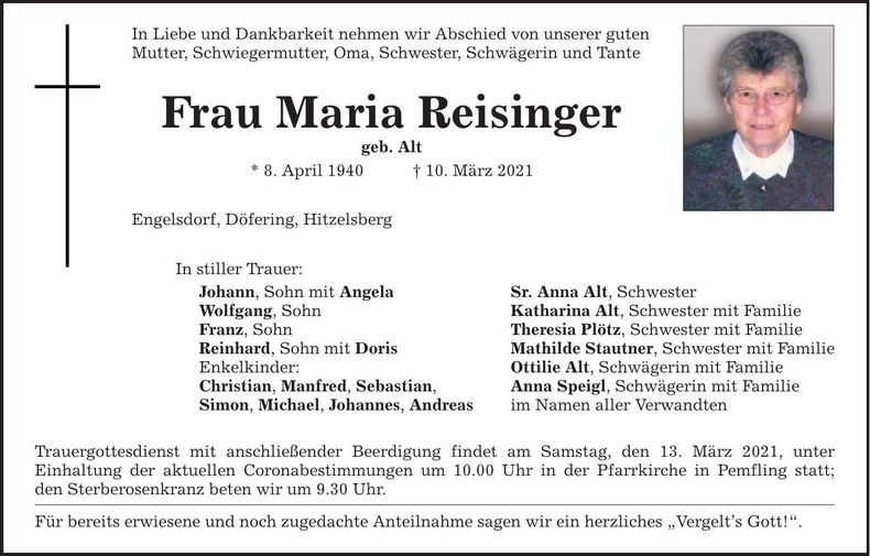 Traueranzeige Maria Reisinger