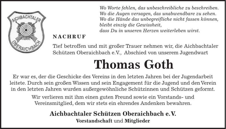 Traueranzeige Thomas Goth