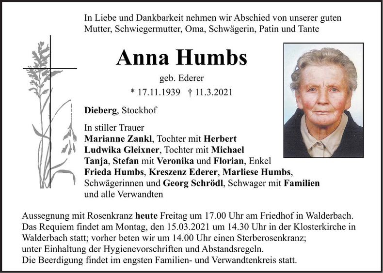 Traueranzeige Anna Humbs