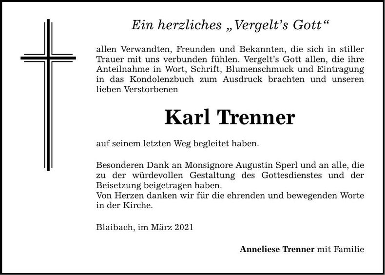 Traueranzeige Karl Trenner