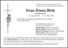 Traueranzeige Zenta Birk