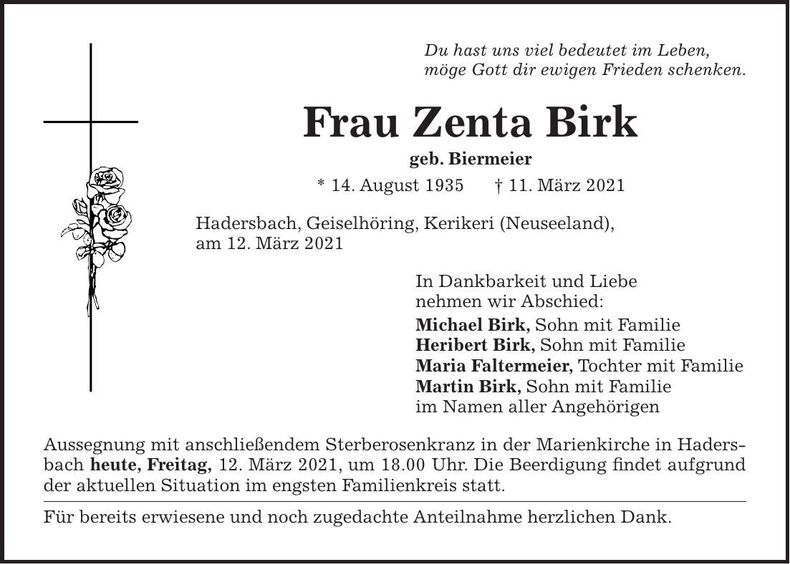 Traueranzeige Zenta Birk