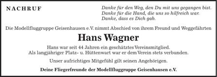 Traueranzeige Hans Wagner