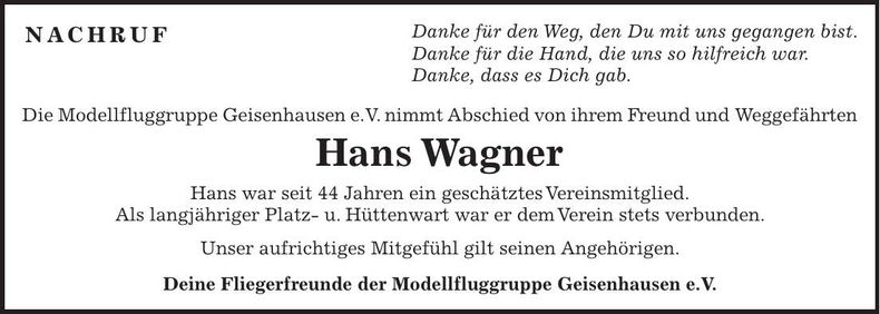 Traueranzeige Hans Wagner