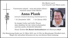 Traueranzeige Anna Plank