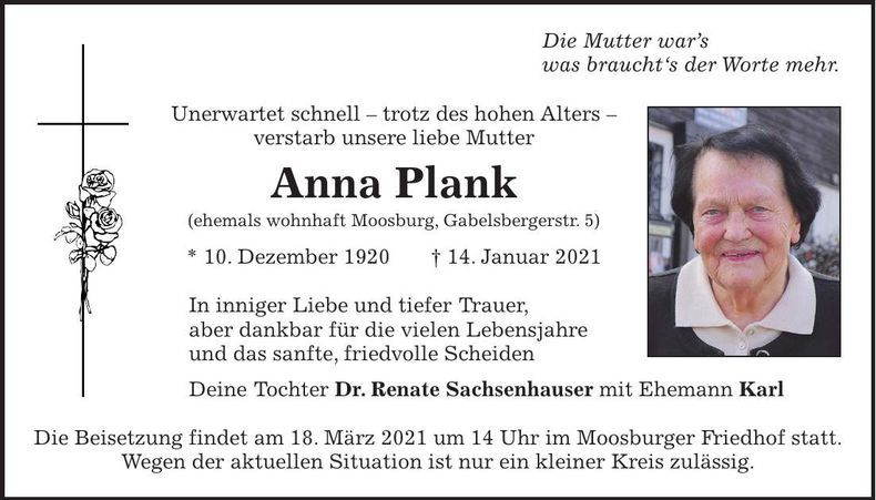 Traueranzeige Anna Plank