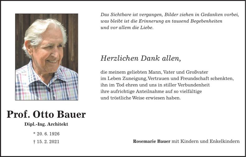 Traueranzeige Otto Prof. Bauer