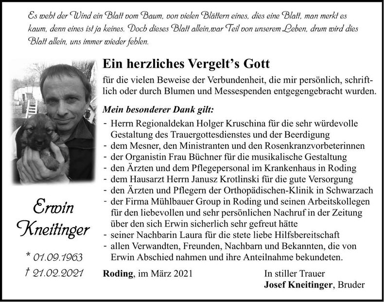 Traueranzeige Erwin Kneitinger