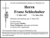 Traueranzeige Franz Schleehuber