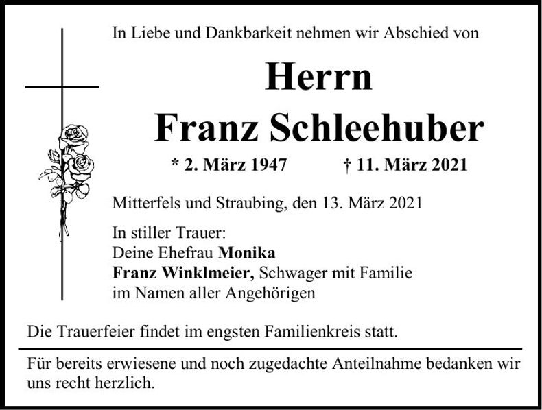 Traueranzeige Franz Schleehuber