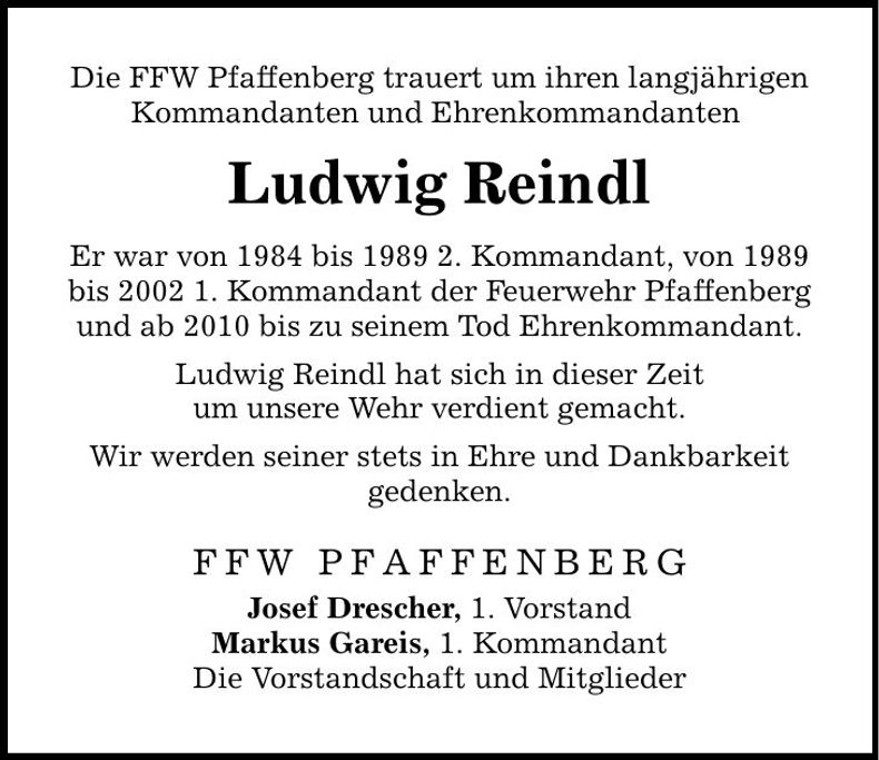 Traueranzeige Luwig Reindl
